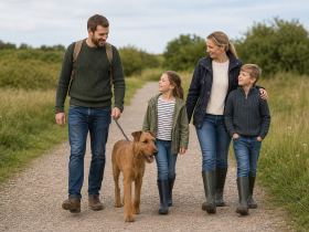 Irish Terrier walking on a leash beside a family on a wide gravel path