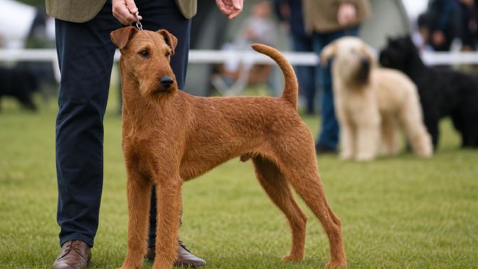 Irish Terrier standing with its handler at an outdoor dog show, other dogs blurred in the background