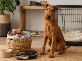A wire-coated red terrier sitting beside a crate and a basket of new dog supplies at home