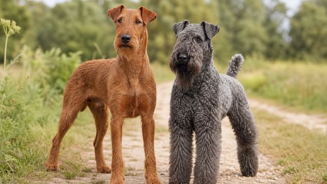 Red Irish Terrier and blue-gray Kerry Blue Terrier standing together on a path