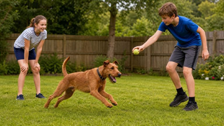 Irish Terrier playing fetch with older children in a fenced backyard