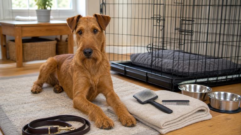 First-day dog supplies laid out at home: crate, leash, bowls, bedding, and a slicker brush and comb