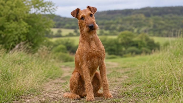 Irish Terrier sitting with head tilted, looking at the camera