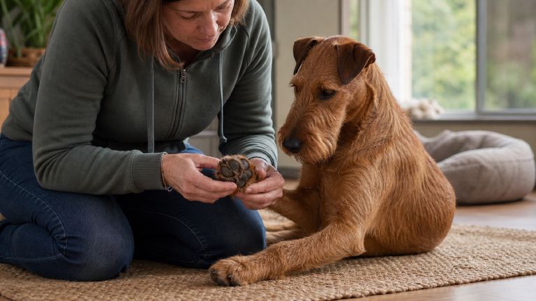 An owner examining the upturned paw of an Irish Terrier at home