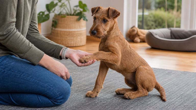 An Irish Terrier puppy having its front paw gently held during a handling session at home