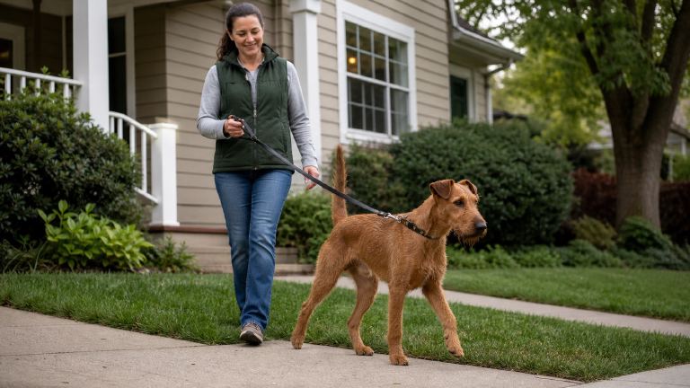 Volunteer walking an adult Irish Terrier on leash outside a suburban house