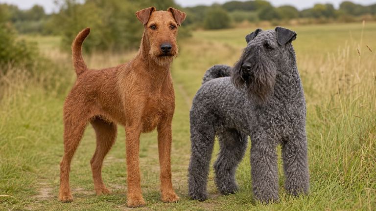 Irish Terrier's harsh red coat beside a Kerry Blue Terrier's wavy blue-gray coat