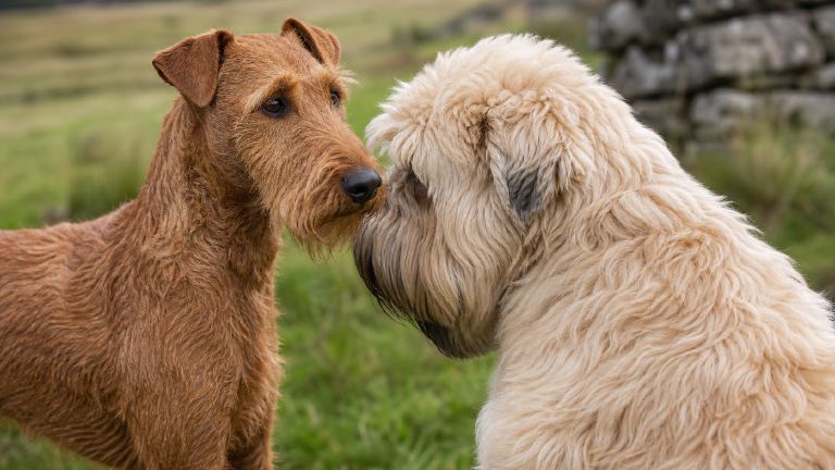 Close view of a wiry red Irish Terrier coat next to a soft wavy Wheaten coat