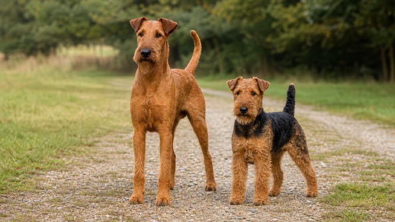 Irish Terrier and Welsh Terrier standing side by side, showing height and color contrast